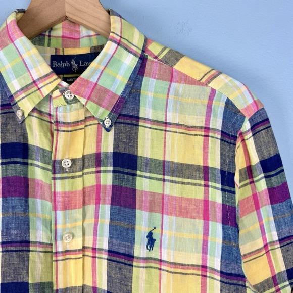 Ralph Lauren Mens M Custom Fit 100% Linen Colorful Plaid Button Down Pony Shirt‎ - Picture 1 of 5